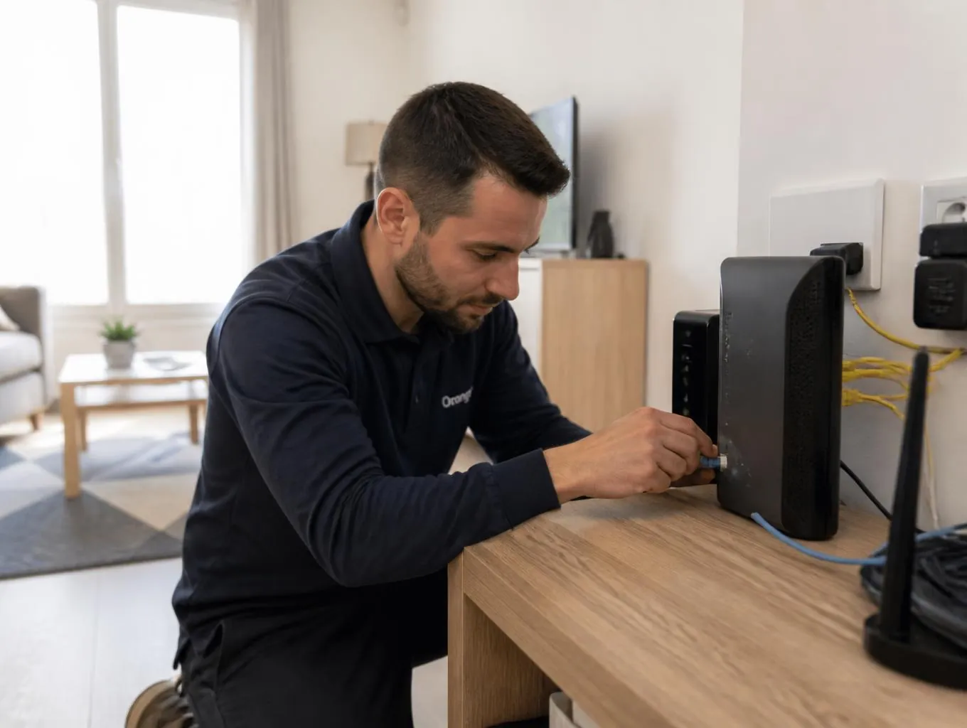 Technicien installant une box internet et un routeur WiFi à domicile à Perpignan