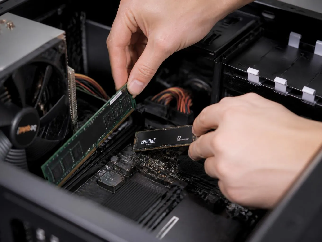 Installation d'une barrette de RAM et d'un SSD dans un ordinateur lors d'une maintenance à Perpignan