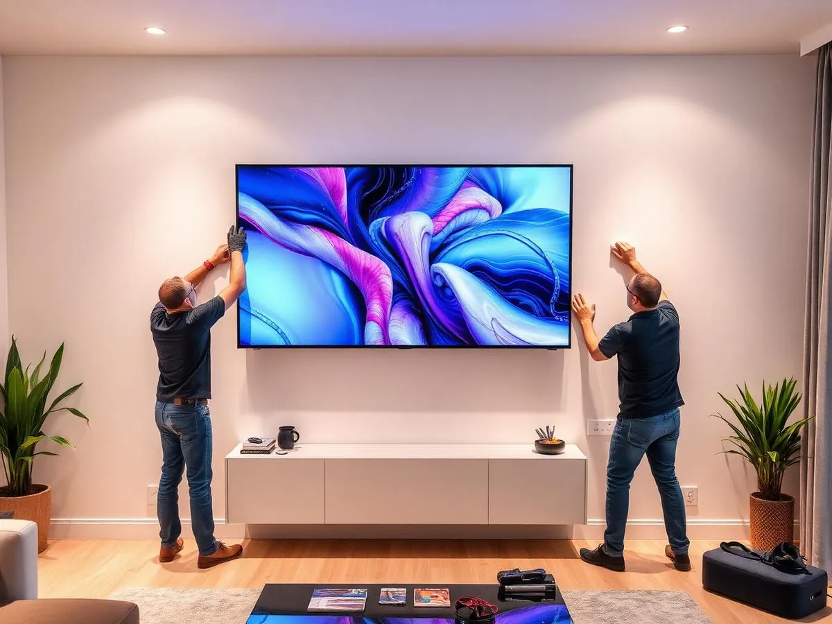 Installateurs fixant un téléviseur sur un support mural, pose de téléviseur à domicile à Perpignan