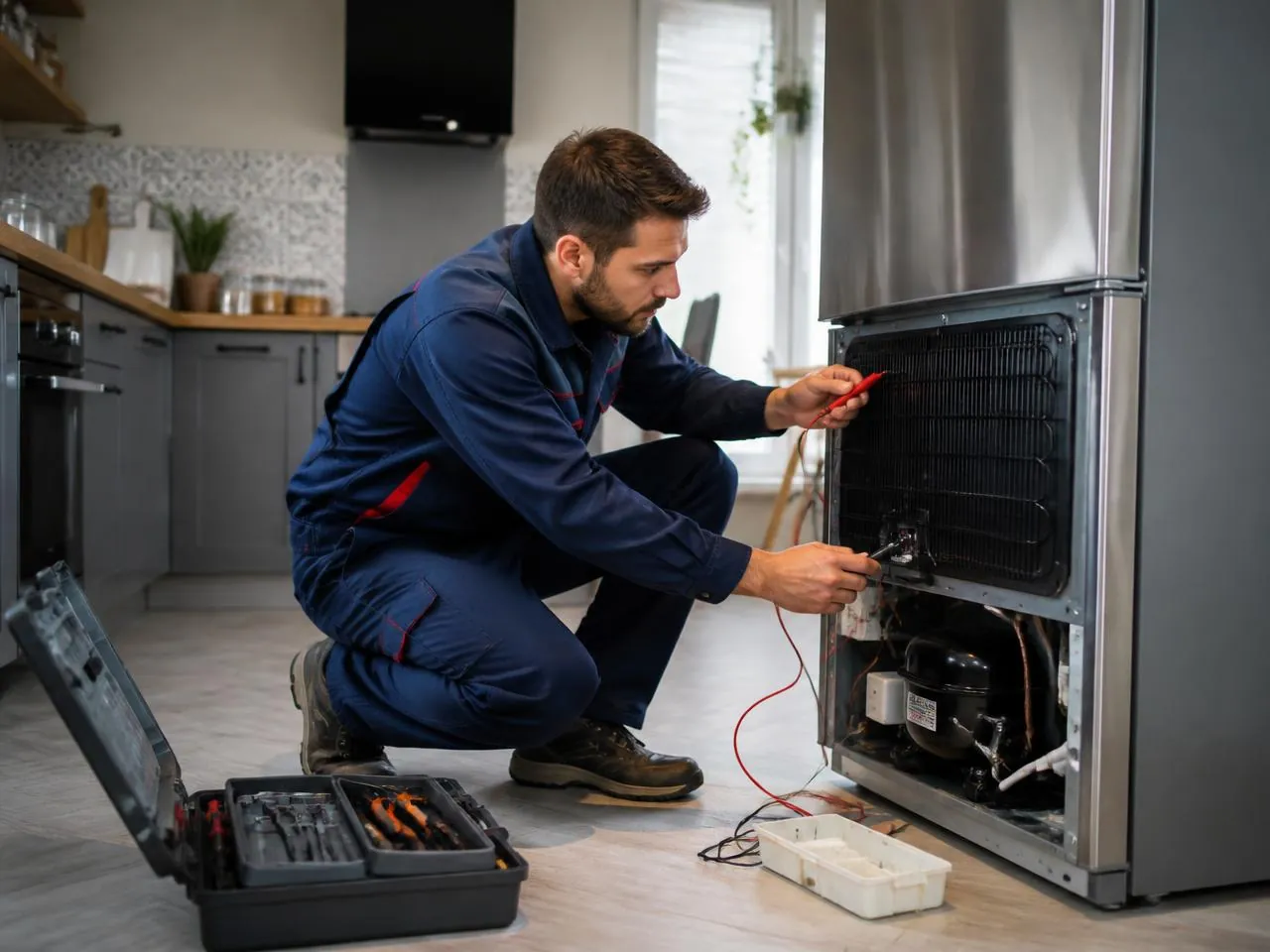Réparateur frigo et congélateur ASD Electronique contrôlant le circuit froid d'un réfrigérateur à domicile à Perpignan